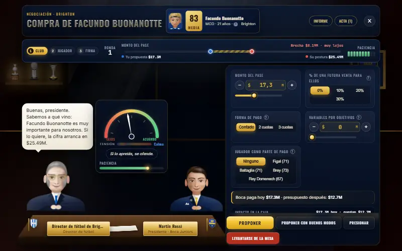 La sala de negociación del juego durante la compra de un jugador, con el medidor de tensión